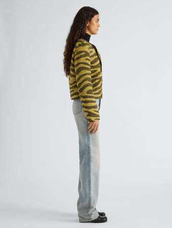 Proenza Schouler Side full length image of model wearing Courtney Jacket in Zebra Jacquard in Hemp Black