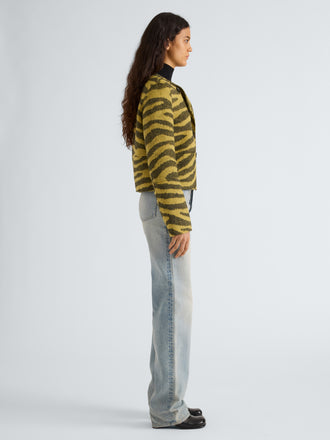 Proenza Schouler Side full length image of model wearing Courtney Jacket in Zebra Jacquard in Hemp Black
