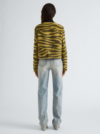 Proenza Schouler Back full length image of model wearing Courtney Jacket in Zebra Jacquard in Hemp Black