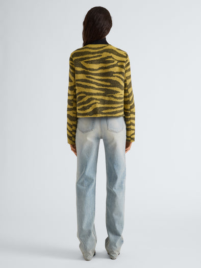 Proenza Schouler Back full length image of model wearing Courtney Jacket in Zebra Jacquard in Hemp Black