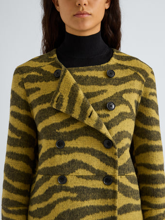 Proenza Schouler Detail image of model wearing Courtney Jacket in Zebra Jacquard in Hemp Black