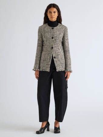 Proenza Schouler Front full length image of model wearing Aurelia Jacket in Tweed in Black White