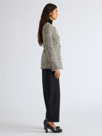 Proenza Schouler Side full length image of model wearing Aurelia Jacket in Tweed in Black White