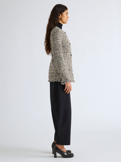 Proenza Schouler Side full length image of model wearing Aurelia Jacket in Tweed in Black White