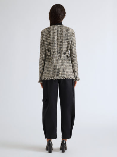 Proenza Schouler Back full length image of model wearing Aurelia Jacket in Tweed in Black White