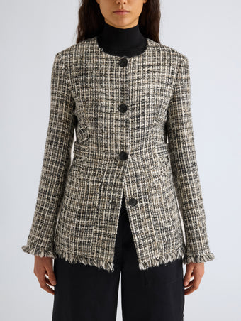 Proenza Schouler Detail image of model wearing Aurelia Jacket in Tweed in Black White