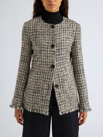 Proenza Schouler Detail image of model wearing Aurelia Jacket in Tweed in Black White
