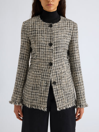 Proenza Schouler Detail image of model wearing Aurelia Jacket in Tweed in Black White
