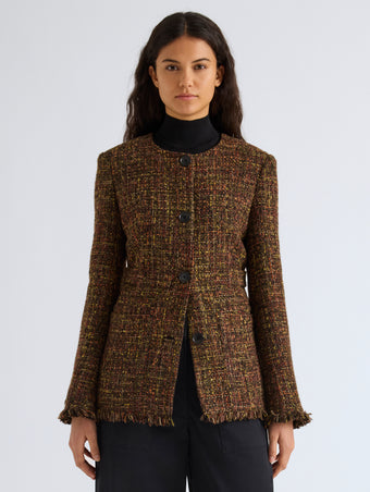 Proenza Schouler Front cropped image of model wearing Aurelia Jacket in Tweed in Henna Multi