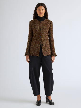 Proenza Schouler Front full length image of model wearing Aurelia Jacket in Tweed in Henna Multi