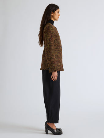 Proenza Schouler Side full length image of model wearing Aurelia Jacket in Tweed in Henna Multi