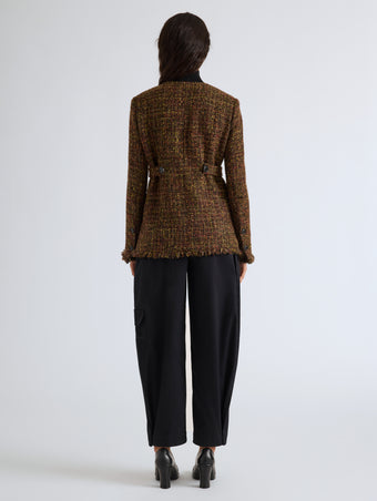 Proenza Schouler Back full length image of model wearing Aurelia Jacket in Tweed in Henna Multi