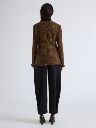 Proenza Schouler Back full length image of model wearing Aurelia Jacket in Tweed in Henna Multi