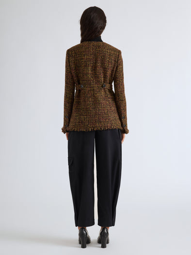 Proenza Schouler Back full length image of model wearing Aurelia Jacket in Tweed in Henna Multi