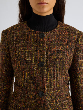 Proenza Schouler Detail image of model wearing Aurelia Jacket in Tweed in Henna Multi