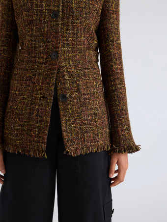 Proenza Schouler Detail image of model wearing Aurelia Jacket in Tweed in Henna Multi