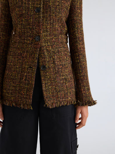 Proenza Schouler Detail image of model wearing Aurelia Jacket in Tweed in Henna Multi