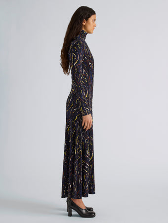 Proenza Schouler Side full length image of model wearing Mabel Dress in Jersey in Navy Black Multi