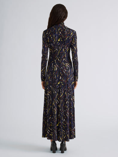 Proenza Schouler Back full length image of model wearing Mabel Dress in Jersey in Navy Black Multi