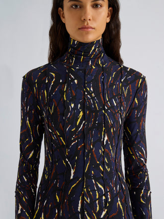 Proenza Schouler Detail image of model wearing Mabel Dress in Jersey in Navy Black Multi