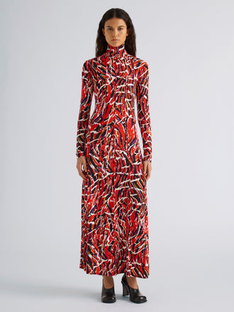 Proenza Schouler Front full length image of model wearing Mabel Dress in Jersey in Red Multi