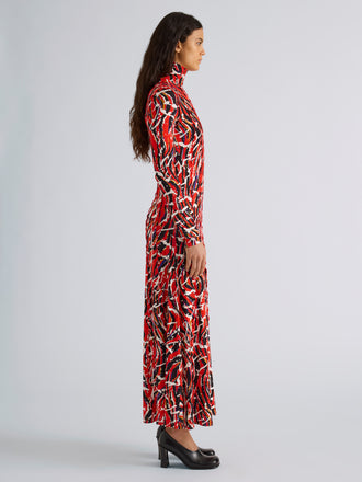 Proenza Schouler Side full length image of model wearing Mabel Dress in Jersey in Red Multi