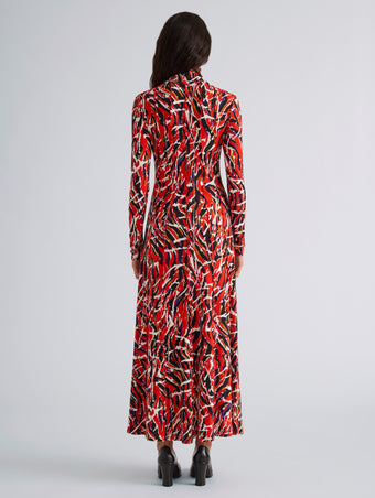 Proenza Schouler Back full length image of model wearing Mabel Dress in Jersey in Red Multi