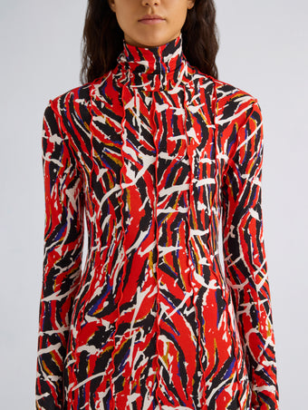 Proenza Schouler Detail image of model wearing Mabel Dress in Jersey in Red Multi