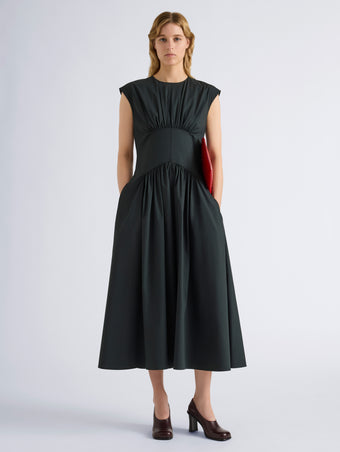 Proenza Schouler Front full length image of model wearing Nyssa Dress in Stretch Cotton in Dark Green