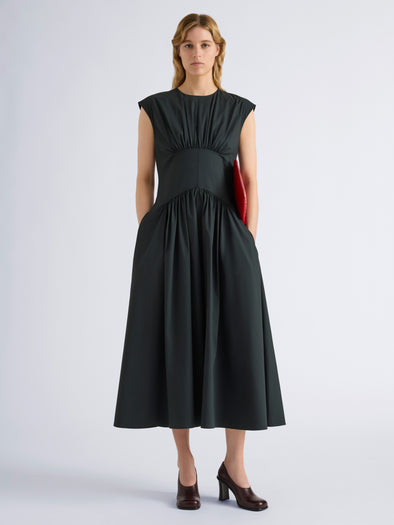 Proenza Schouler Front full length image of model wearing Nyssa Dress in Stretch Cotton in Dark Green