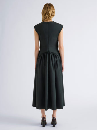 Proenza Schouler Back full length image of model wearing Nyssa Dress in Stretch Cotton in Dark Green