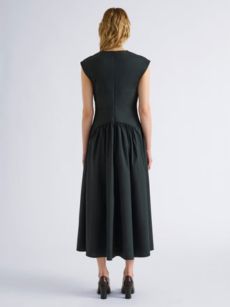 Proenza Schouler Back full length image of model wearing Nyssa Dress in Stretch Cotton in Dark Green