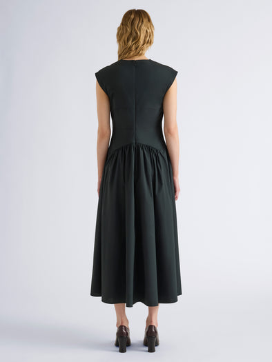 Proenza Schouler Back full length image of model wearing Nyssa Dress in Stretch Cotton in Dark Green