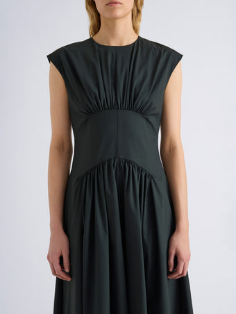 Proenza Schouler Detail image of model wearing Nyssa Dress in Stretch Cotton in Dark Green