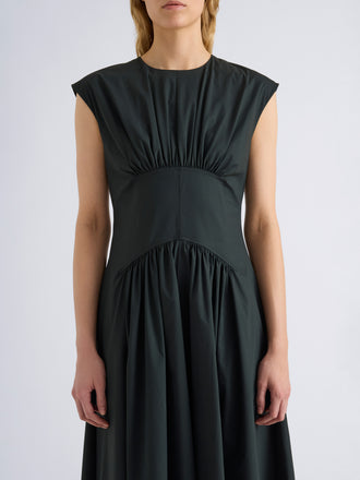 Proenza Schouler Detail image of model wearing Nyssa Dress in Stretch Cotton in Dark Green