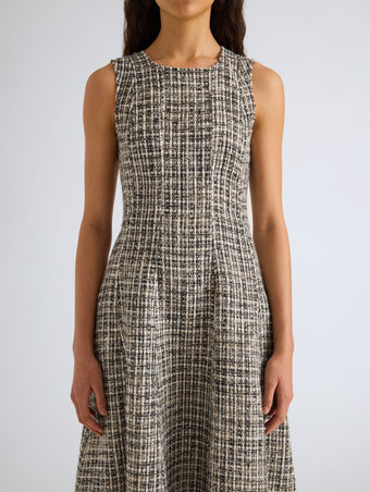 Proenza Schouler Detail image of model wearing Beatrix Dress in Tweed in Black White
