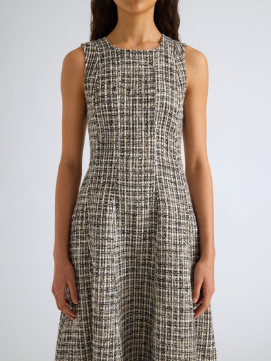 Proenza Schouler Detail image of model wearing Beatrix Dress in Tweed in Black White