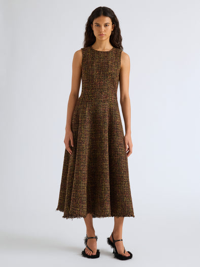 Proenza Schouler Front full length image of model wearing Beatrix Dress in Tweed in Henna Multi