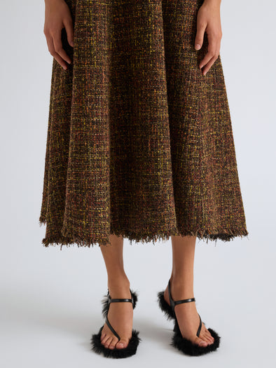 Proenza Schouler Detail image of model wearing Beatrix Dress in Tweed in Henna Multi