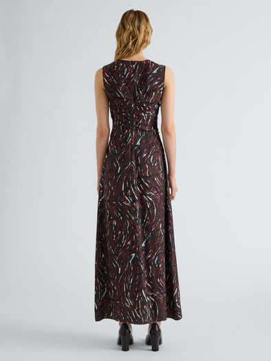 Proenza Schouler Back full length image of model wearing Clem Dress in Printed Soft Twill in Coffee Multi