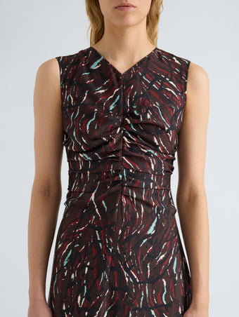 Proenza Schouler Detail image of model wearing Clem Dress in Printed Soft Twill in Coffee Multi