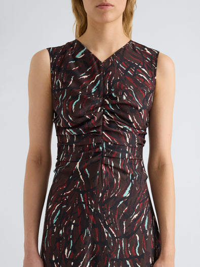 Proenza Schouler Detail image of model wearing Clem Dress in Printed Soft Twill in Coffee Multi
