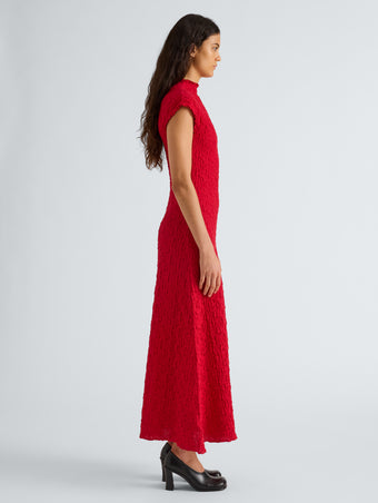 Proenza Schouler Side full length image of model wearing Cleo Dress in Jersey Jacquard in Red