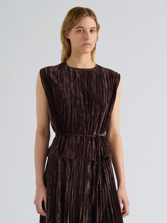 Proenza Schouler Front cropped image of model wearing Lyra Top in Crushed Velvet in Coffee