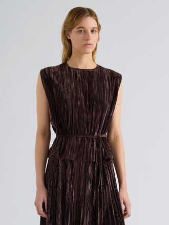 Proenza Schouler Front cropped image of model wearing Lyra Top in Crushed Velvet in Coffee