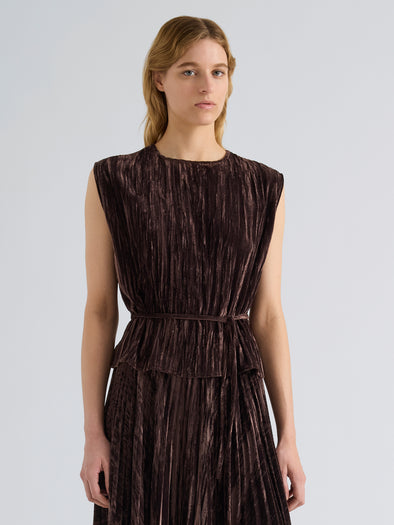 Proenza Schouler Front cropped image of model wearing Lyra Top in Crushed Velvet in Coffee