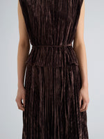 Proenza Schouler Detail image of model wearing Lyra Top in Crushed Velvet in Coffee