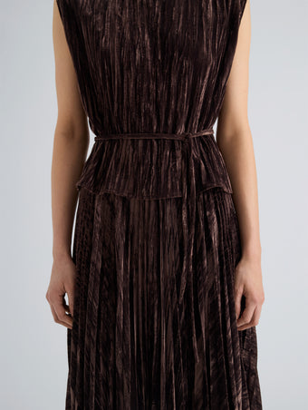 Proenza Schouler Detail image of model wearing Lyra Top in Crushed Velvet in Coffee