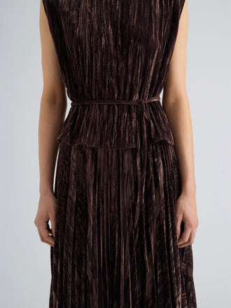Proenza Schouler Detail image of model wearing Lyra Top in Crushed Velvet in Coffee