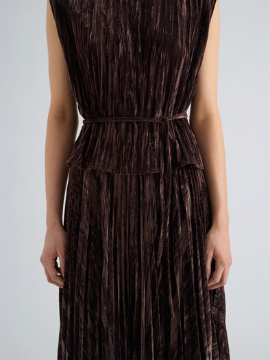 Proenza Schouler Detail image of model wearing Lyra Top in Crushed Velvet in Coffee